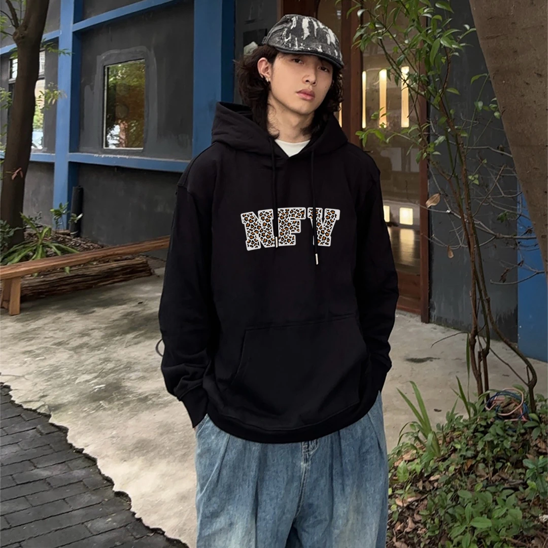 美式创意豹纹字母印花宽松连帽卫衣男女秋冬季百搭休闲情侣款上衣