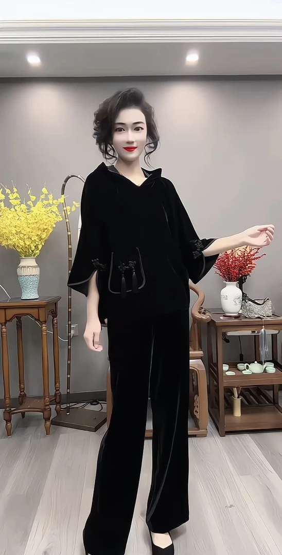 秋季新款时尚气质休闲宽松显瘦国风连帽丝绒七分袖上衣阔腿裤套装