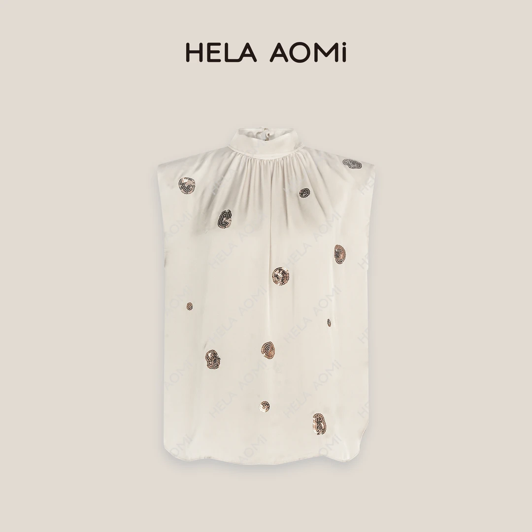 HELA AOMI“月光褶涧”光泽感轻奢压褶钉珠无袖优雅衬衫CY5BX12021