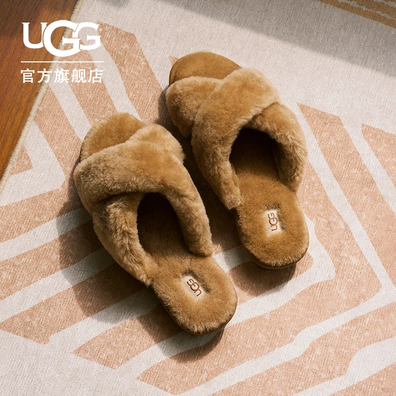 UGG春季女士时尚舒适纯色轻便交叉带厚底露趾休闲毛毛拖鞋1107955