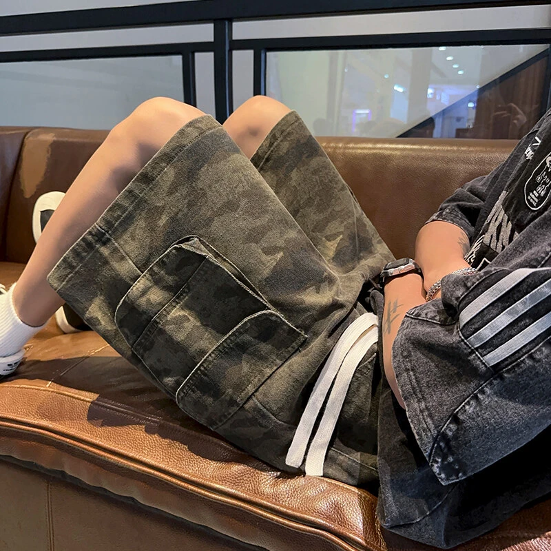 美式复古迷彩牛仔短裤男款夏季高街hiphop潮流宽松休闲直筒工装裤