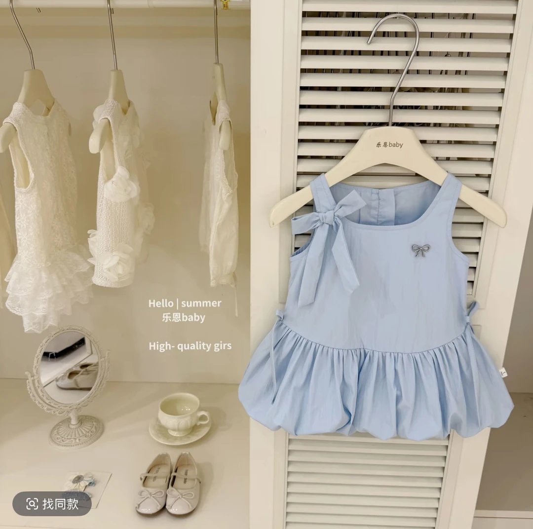 女童夏季洋气连衣裙2025夏装儿童时髦裙子蓝色背心宝宝洋气花苞裙