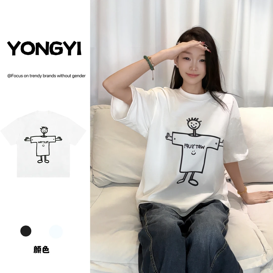 夏潮牌创意拥抱笑脸涂鸦印花双纱纯棉美式T恤宽松男女款情侣短袖