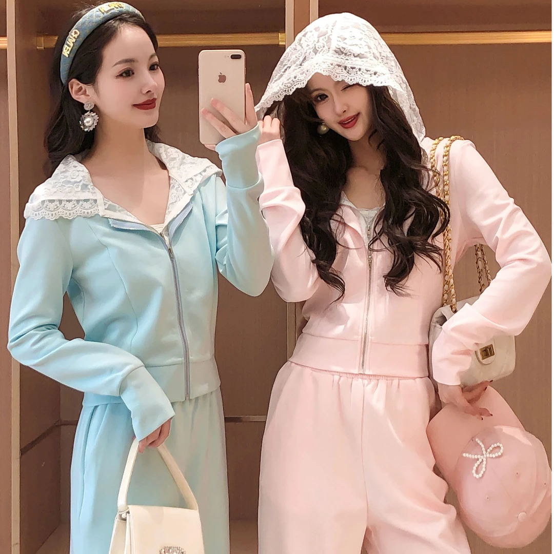 艾日秀2025春游出行洋气休闲蕾丝连帽上衣高腰长裤两件套E8561
