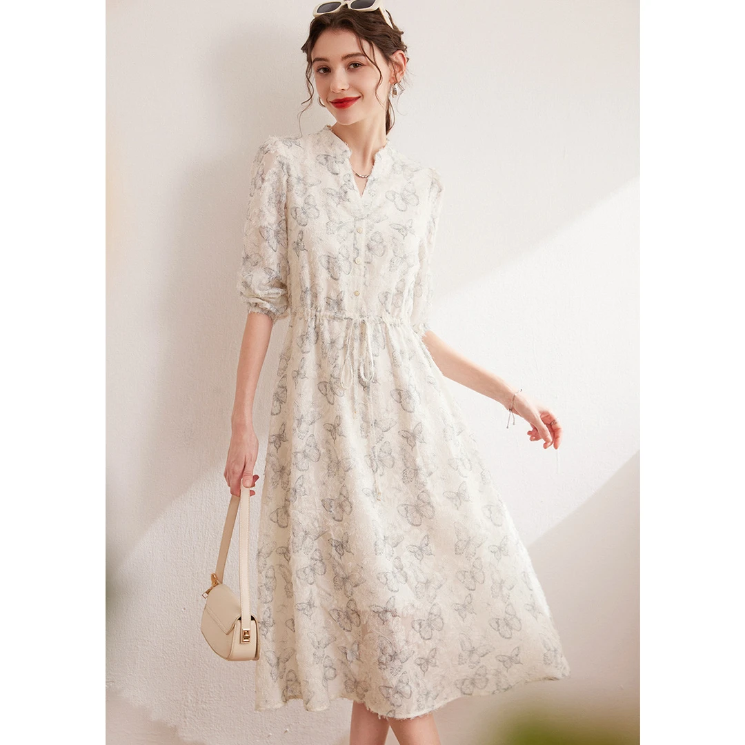 白鹿语秋款复古印花V领无弹系带长袖连衣裙女WBL10041