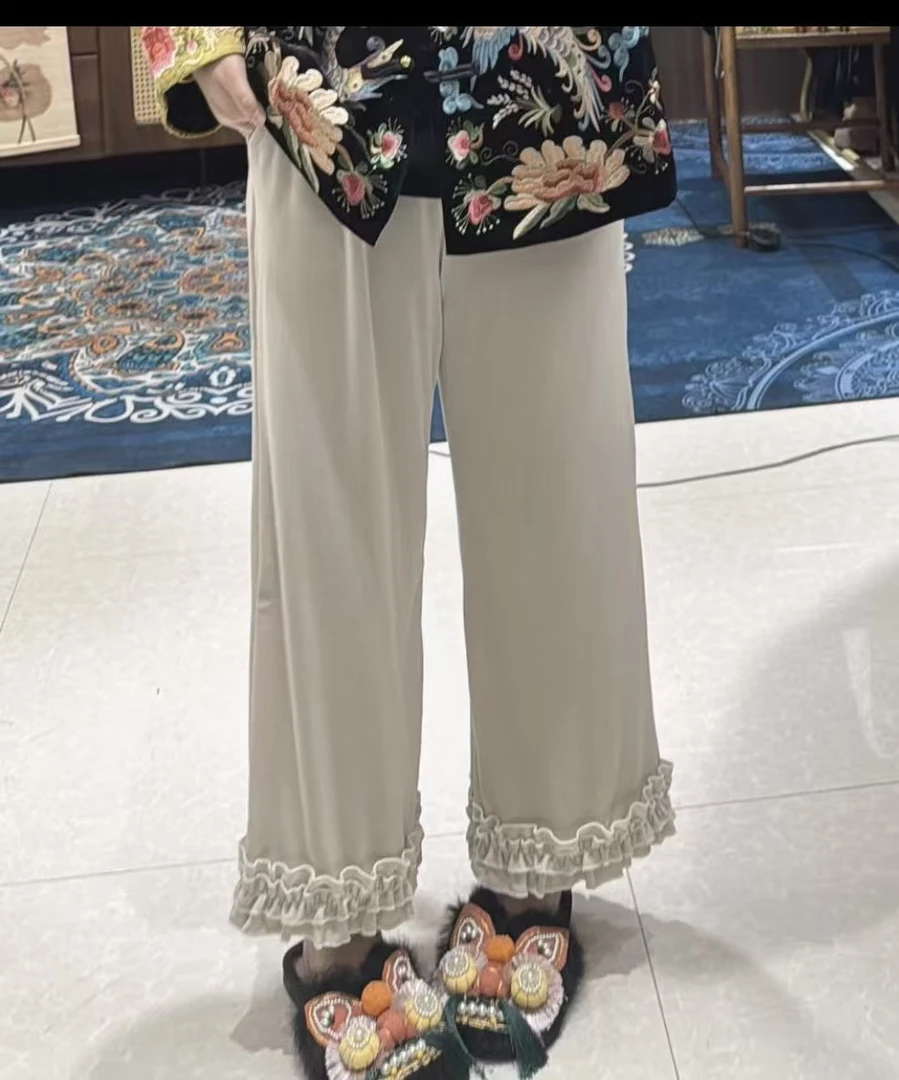 高级杏色冰丝丝绒花边八分裤显瘦百搭时尚洋气高腰阔腿89906