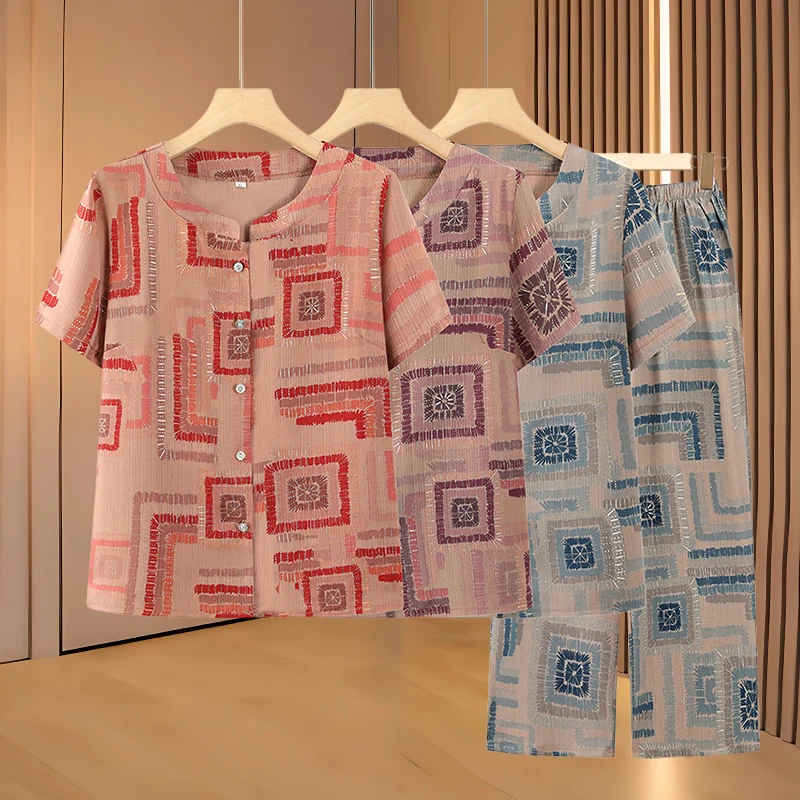 中老年人妈妈装夏新款时尚短袖圆领套装时尚女装优雅休闲两件套