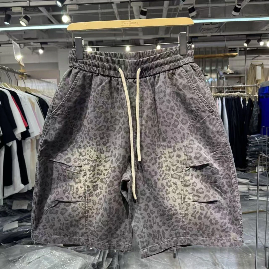 复古300斤特大码豹纹抽绳五分裤夏季男女宽松潮流松紧腰运动短裤