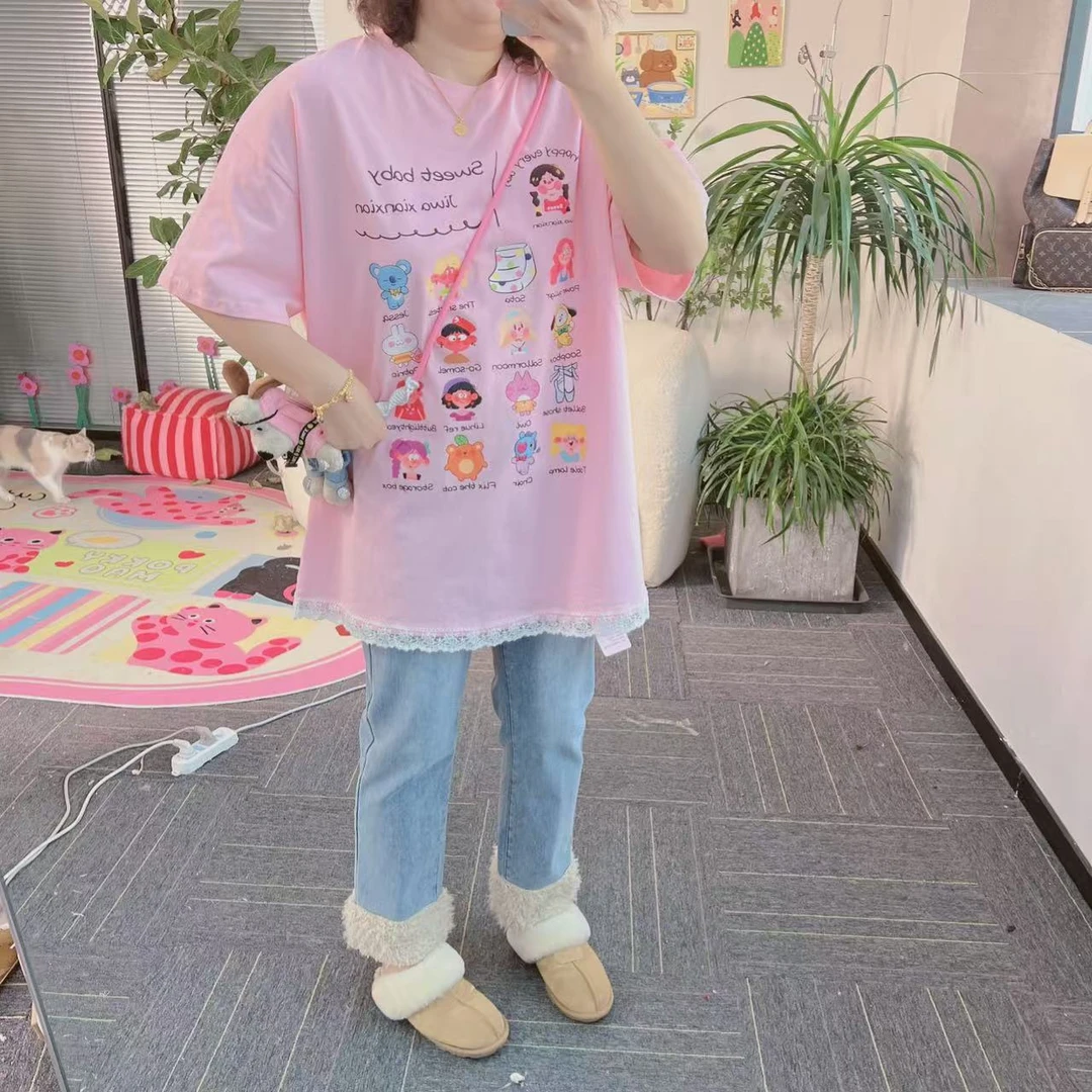 【纯熙+】新款加厚宽松加厚娃娃头像卡通蕾丝底边短袖T恤25205