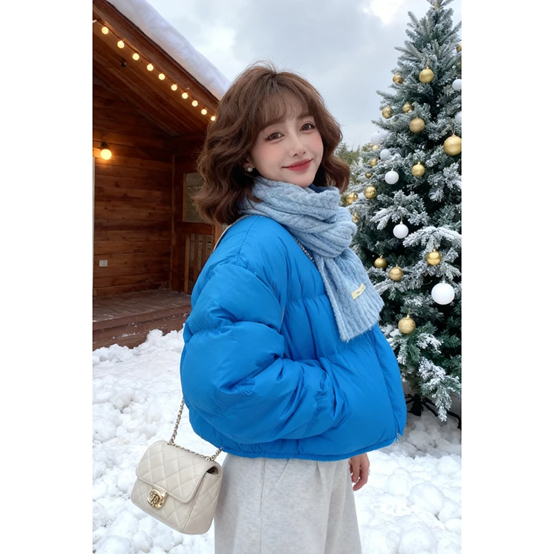 克莱因蓝短款棉服女士冬季小个子独特超好看保暖加厚面包服外套潮