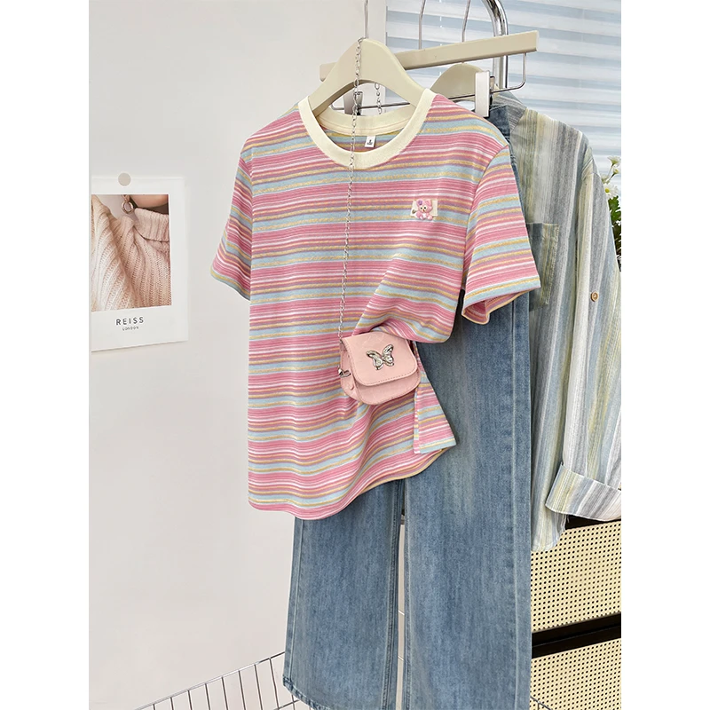 2025夏季卡通刺绣短袖T恤衫复古经典大码条纹上衣宽松百搭女装潮