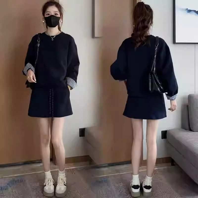 休闲套装裙女秋季新款时尚宽松显瘦圆领拼接卫衣半身裙短裙两件套