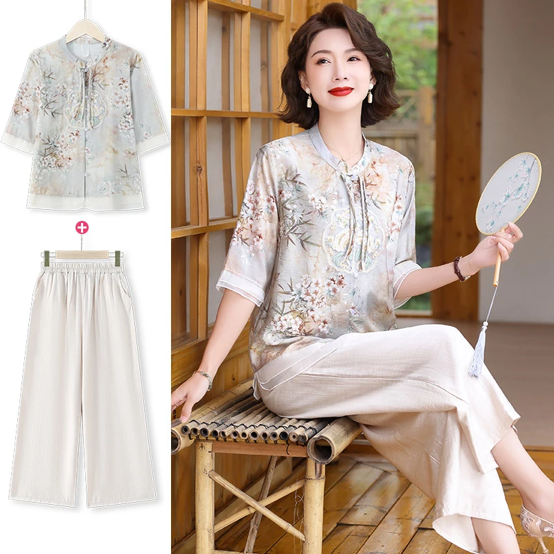 中年妈妈夏装套装2025新款中老年半袖雪纺衫上衣女国风春夏两件套