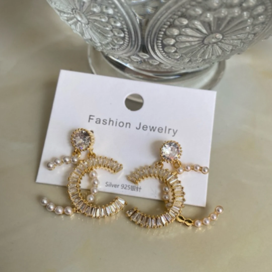 合金锆石耳饰 法式耳钉耳环高级感轻奢网红时尚气质设计感精致