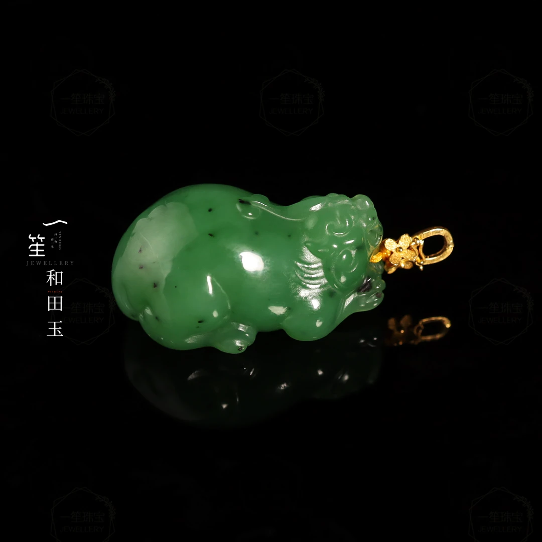 【一笙珠宝】天然和田玉碧玉老料貔貅吊坠18k镶嵌  DY6512