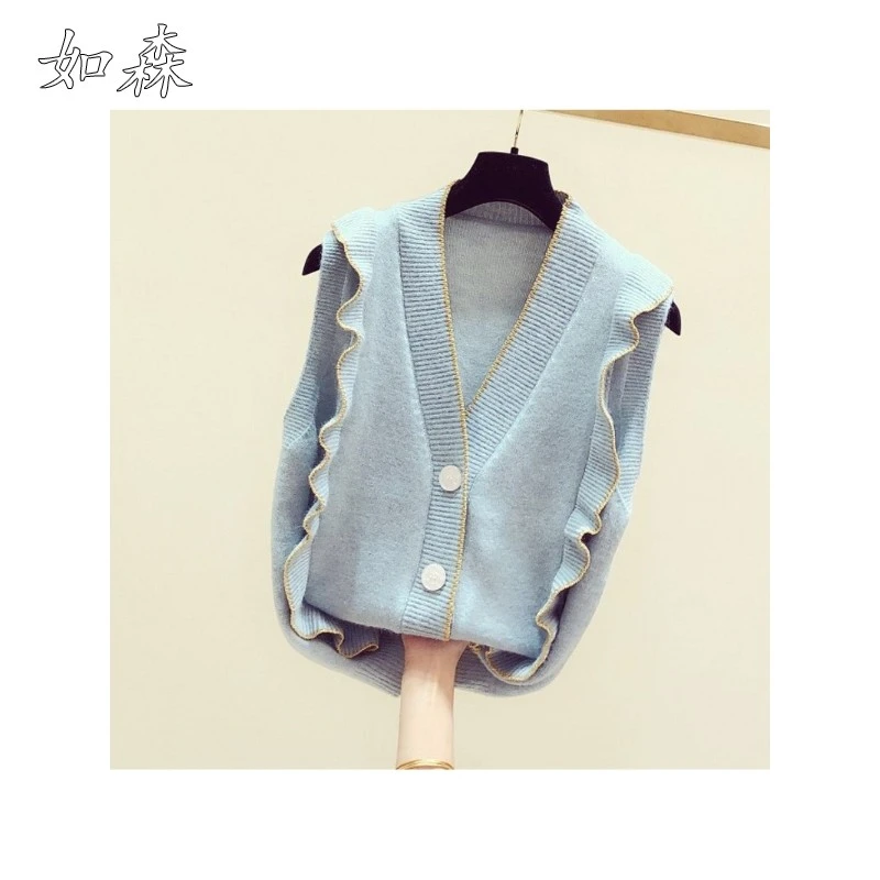 2025秋冬新款韩版时尚荷叶边V领无袖单排扣针织马夹女休闲背心潮