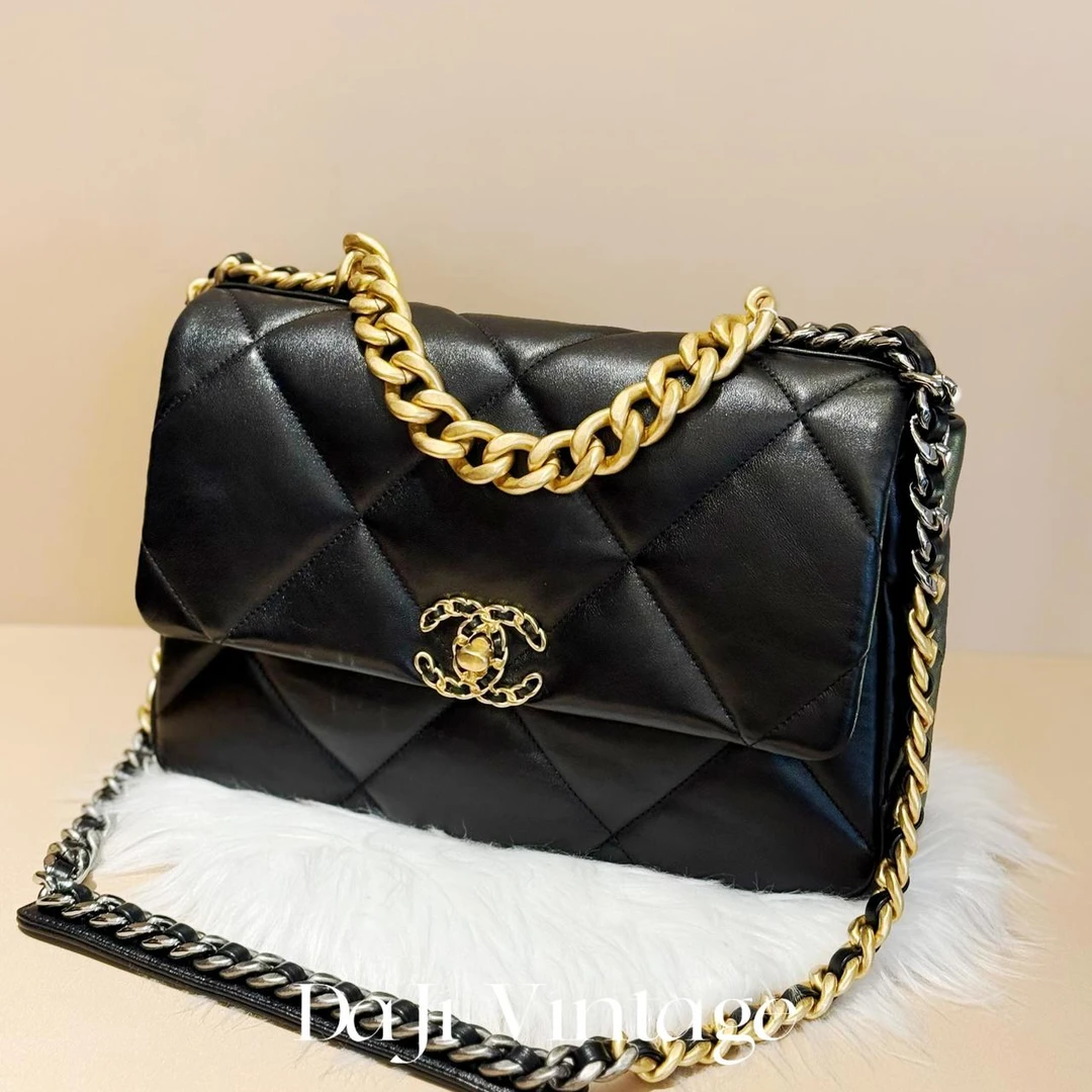 大吉中古/Chanel香奈儿黑金中号19bag斜挎包