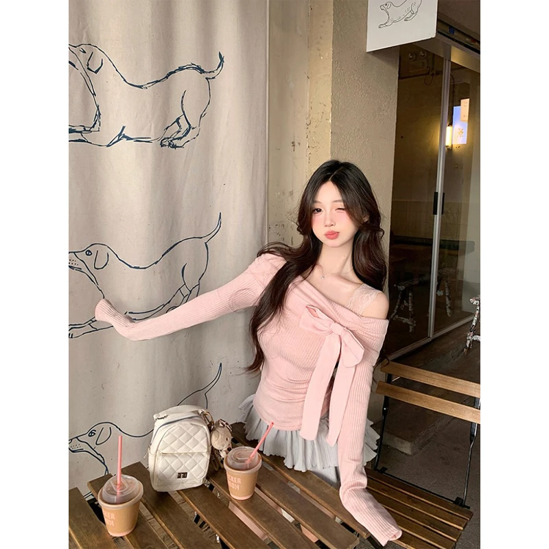 【贝蒂】一字肩纯欲粉色打底衫女春季绝美蝴蝶结露肩内搭甜妹上衣