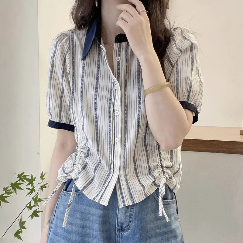 宽松时尚条纹亚麻衬衫女夏季2025新款显瘦减龄设计感棉麻短袖上衣