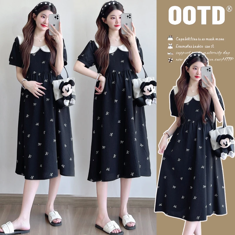 孕妇装夏季碎花连衣裙韩版大码显瘦气质收腰中长款时尚法式长裙