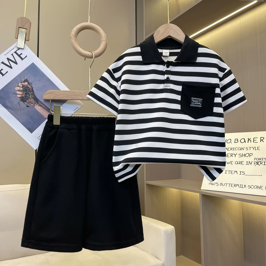 【买衣服送裤子到手一套】男童休闲套装黑白条纹韩版翻领Polo-JC143