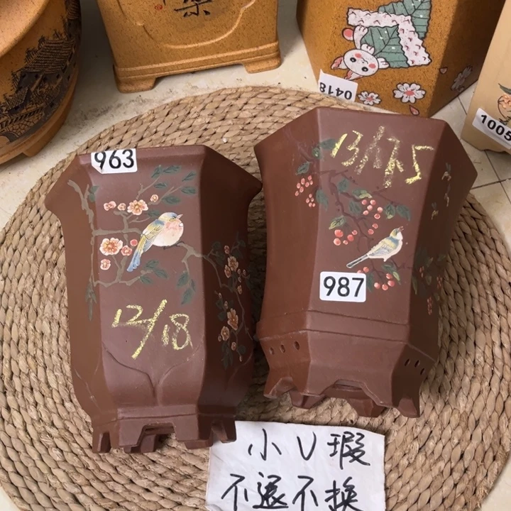 紫砂花盆微微瑕特价紫泥手绘六方963➕987