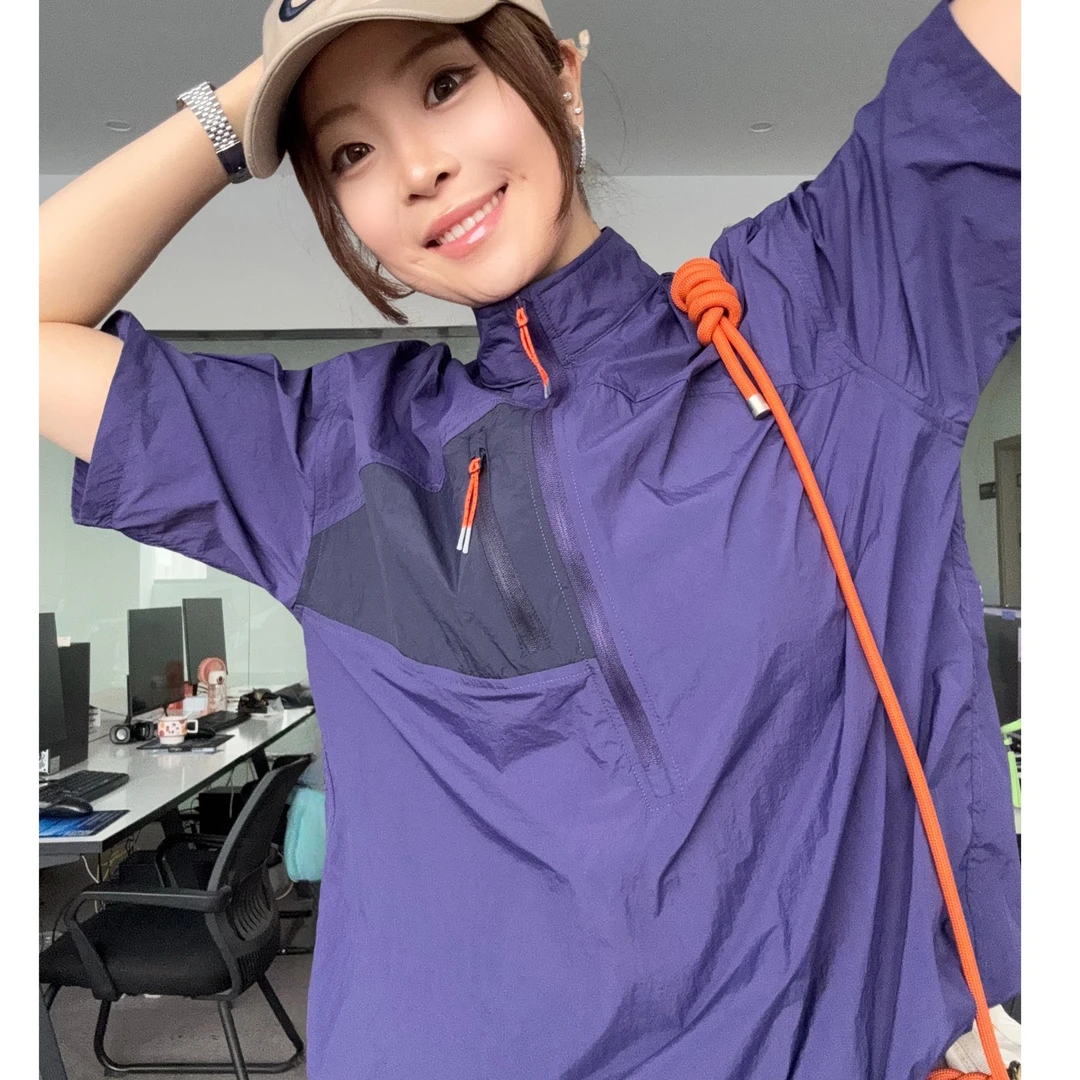 户外山系风】夏季男女款超轻量速干半拉链撞色口袋小立领短袖外套