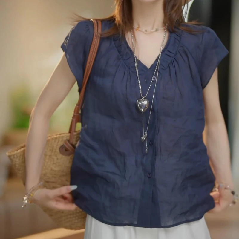 2025夏装法式V领褶皱设计短袖衬衫LK2503632