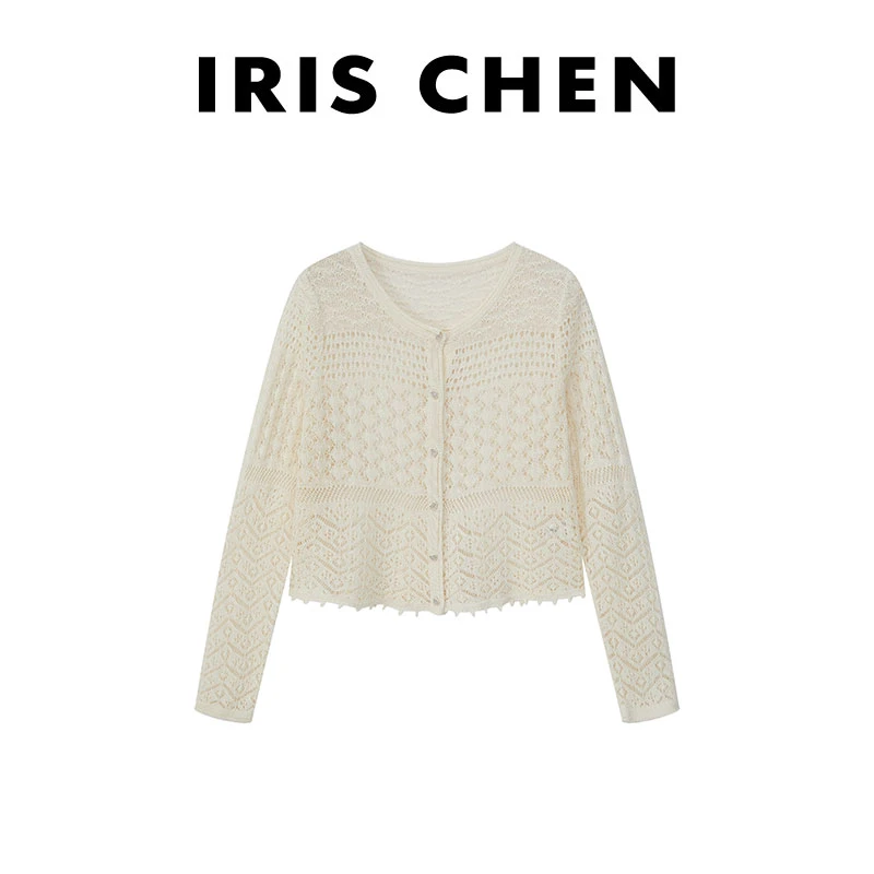 IRIS CHEN 安格斯 2025春夏上新亚麻清凉透气镂空针织开衫25WT301