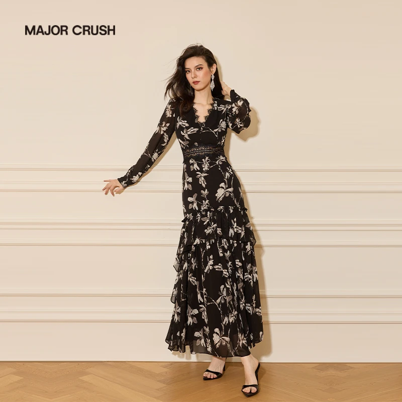 MAJOR CRUSH【欧若风】早秋新款花影轻喃气质显瘦印花鱼尾裙5817