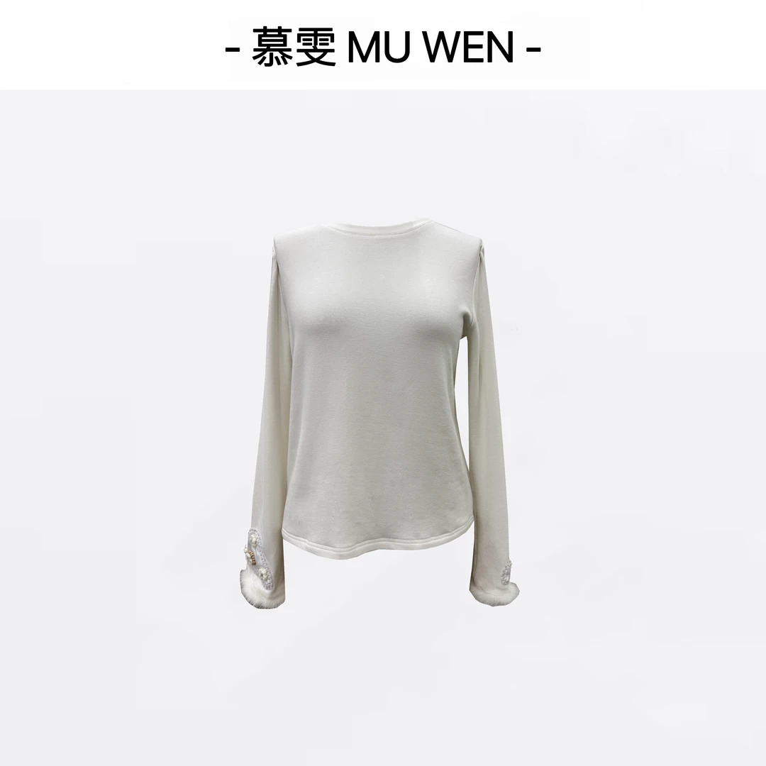 【花弄影】新中式早秋软糯舒适百搭袖口水貂毛弹力上衣251466837