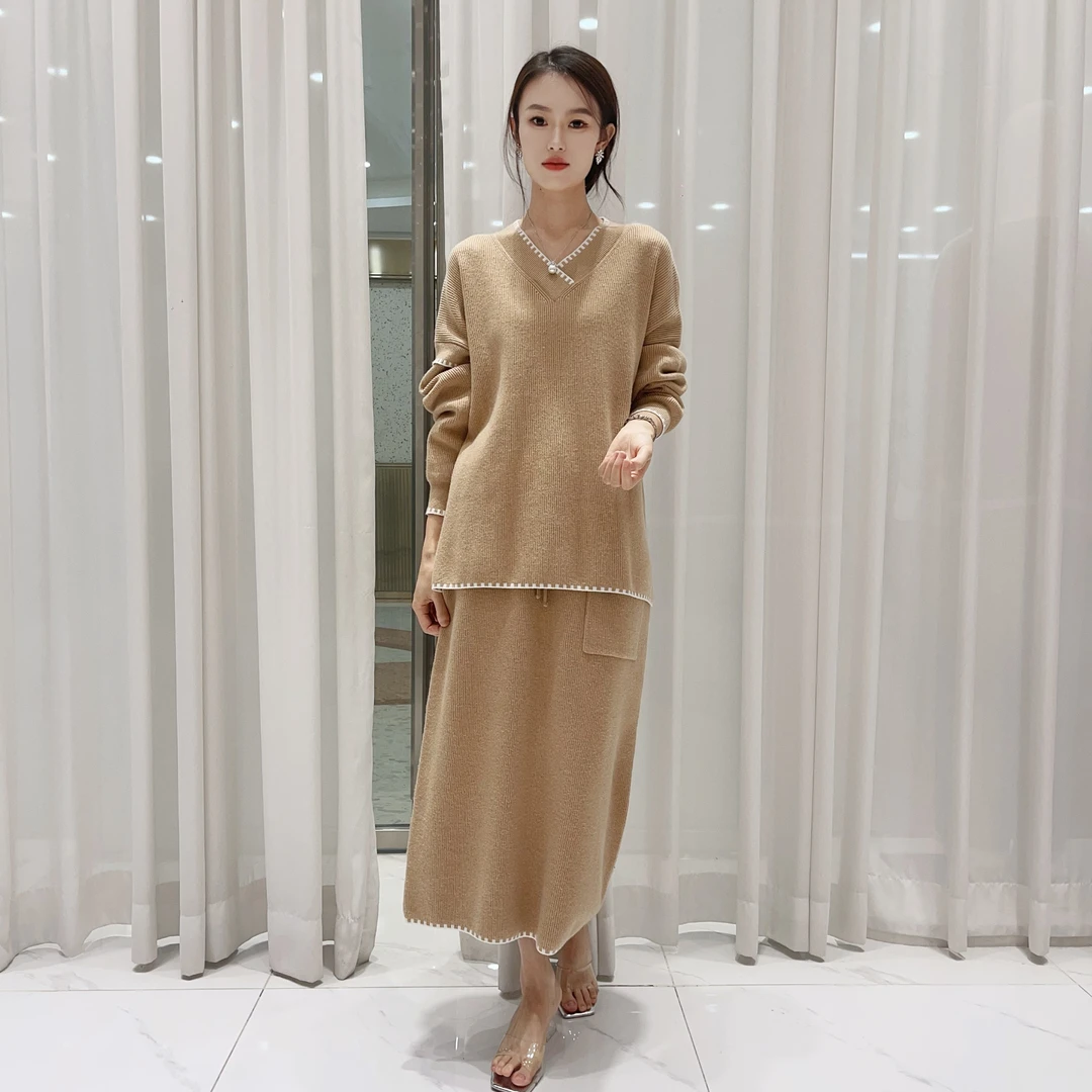 604秋冬时尚拼色休闲风气质针织长袖套裙