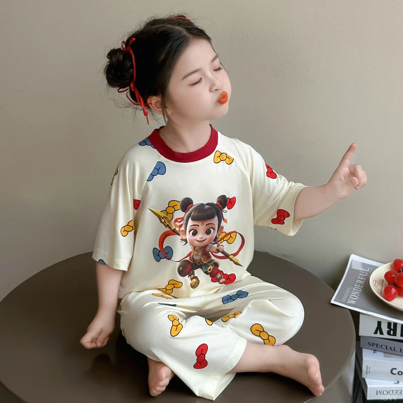 女童新款冰丝睡衣薄款夏季儿童卡通七分袖哪吒家居服女宝宝空调服