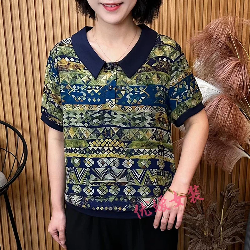 妈妈装夏季时尚新款翻领减龄薄款休闲宽松显瘦中老年女装短袖上衣