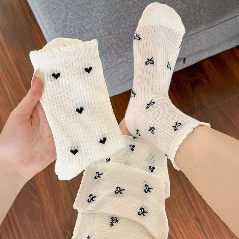 ins蝴蝶结花边袜子女中筒袜夏季薄款网眼透气日系百搭简约堆堆袜