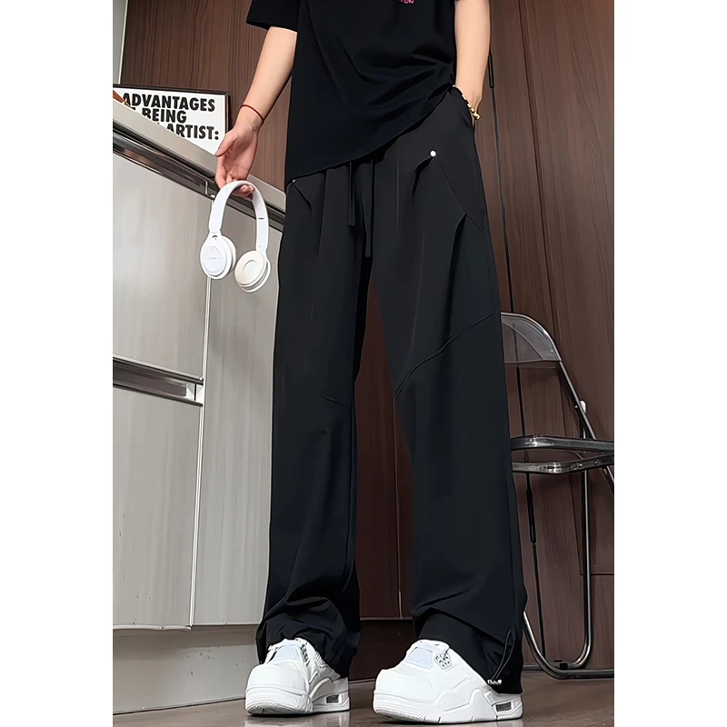 男士夏季薄款凉感冰丝裤垂坠感休闲裤男宽松潮大码直筒裤长裤子