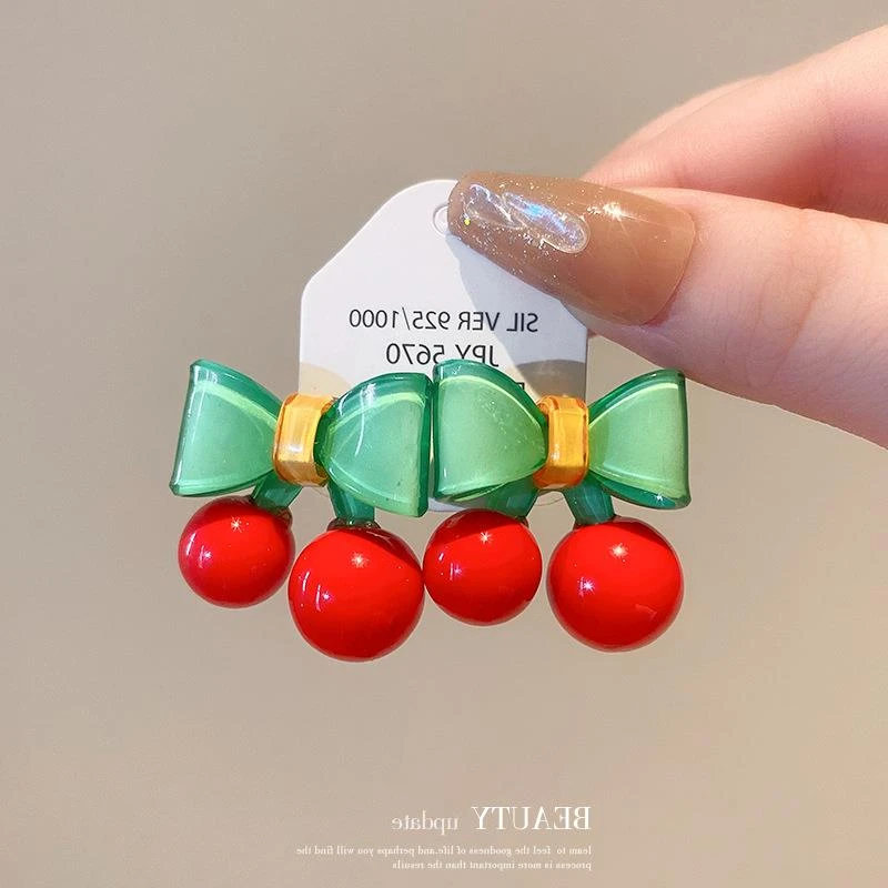 铜合金锆石耳饰 银针多巴胺甜美蝴蝶结樱桃耳环森系气质耳钉小清