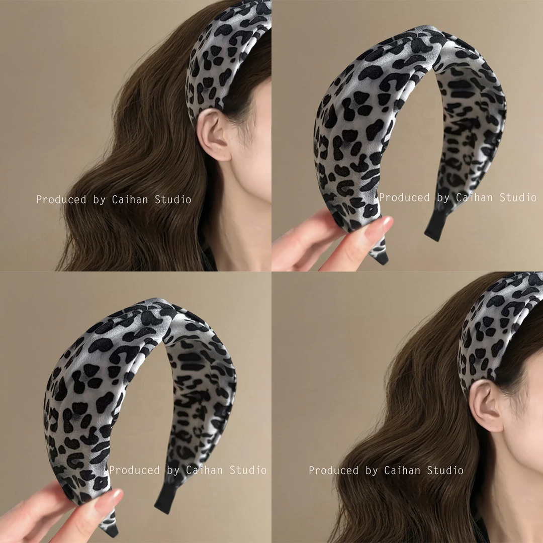 灰系豹猫~优雅豹纹交叉发箍高颅顶复古高级气质宽边头箍旅行发卡