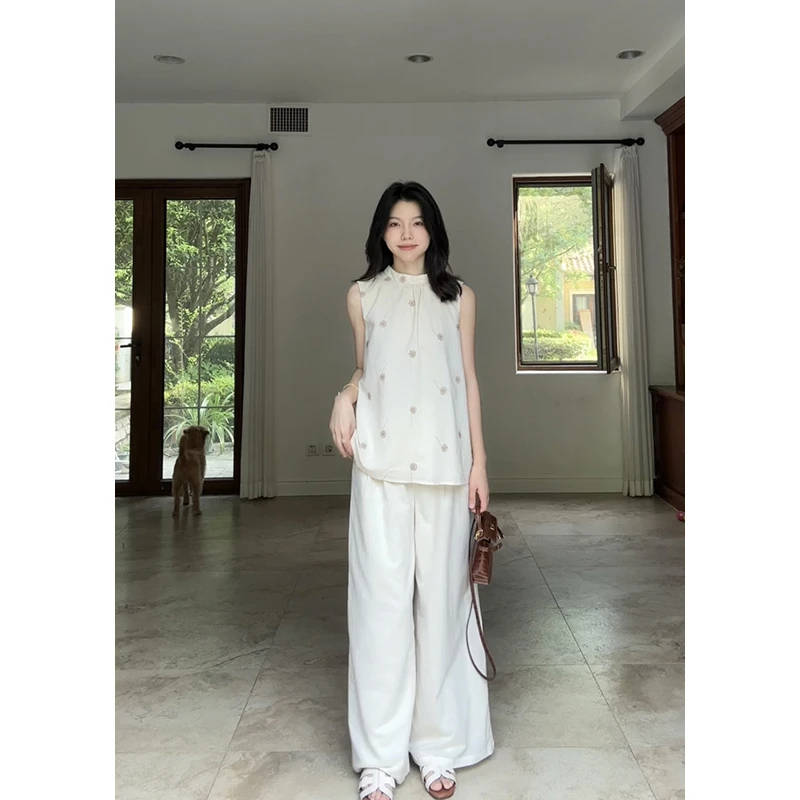 郭九九呢 苎麻棉蒲公英刺绣显瘦无袖上衣宽松阔腿裤 G925A05652