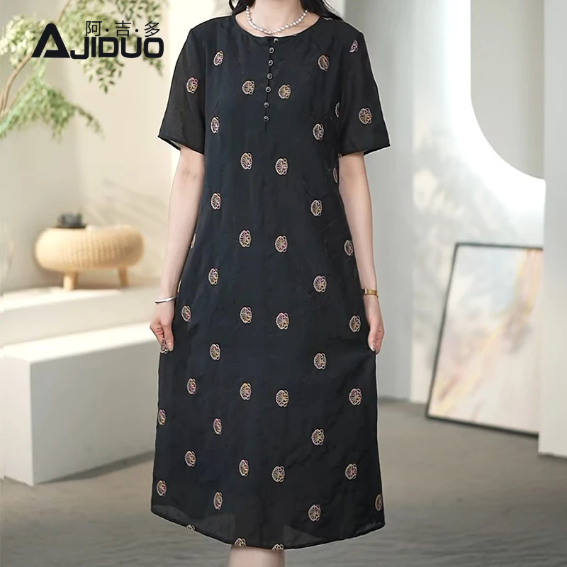 A32039阿吉多复古刺绣连衣裙女夏季新款阔太太端庄大方中长款裙子