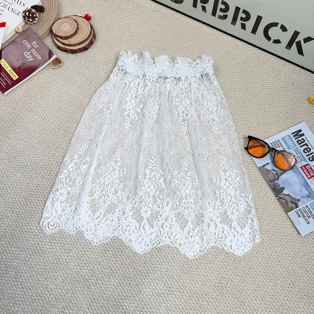 2025早春新款纯色休闲宽松蕾丝提花中长裙女装半身裙8763