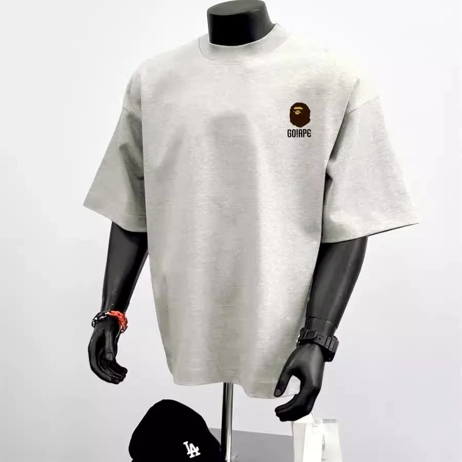 美式复古cleanfit短袖男夏季纯棉花灰色重磅T恤小领口情侣半截袖