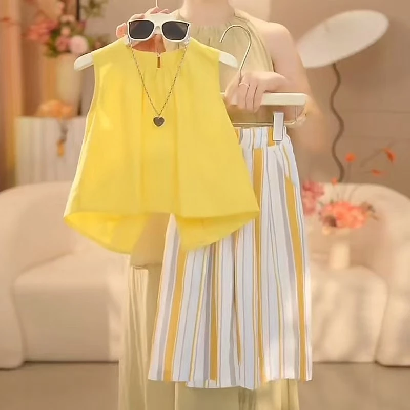 2025新款女童夏季韩版套装阔腿裤洋气儿童短袖时髦百褶短裙两件套