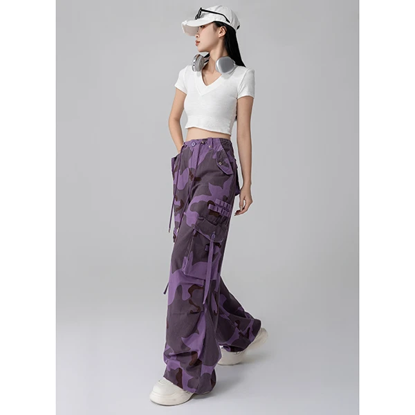 第九街【美式微阔工装裤】紫女春夏宽松高腰微显瘦遮肉直筒长裤透气