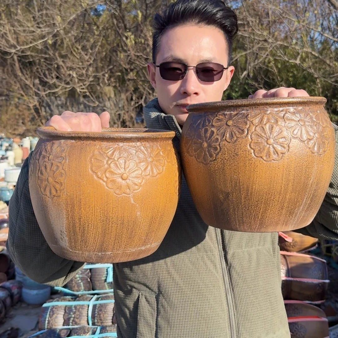 紫砂花盆口20高18（两个柴烧雏菊