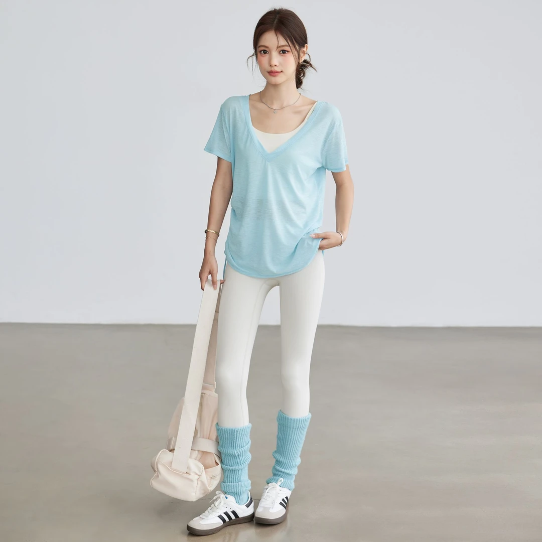 岚纹大V领运动短袖女宽松罩衫抽绳显瘦薄款瑜伽服跑步透气健身T恤