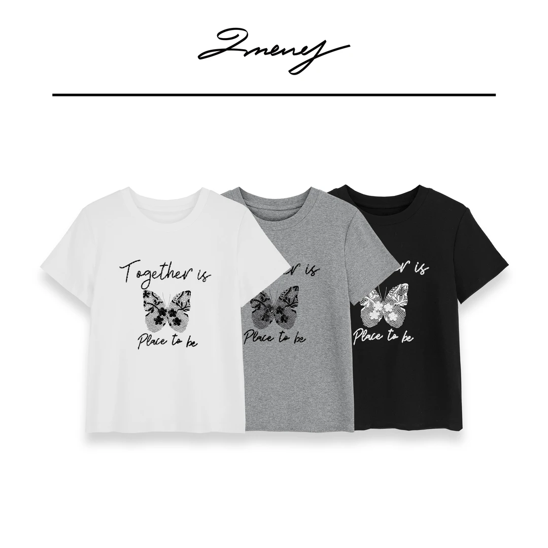 LMENY灵动蝴蝶~设计感字母蝴蝶刺绣珠片百搭短袖 25AT019