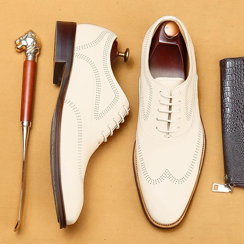 正装手工皮鞋大码婚鞋主持人真皮男士内增高白色布洛克牛津鞋新郎
