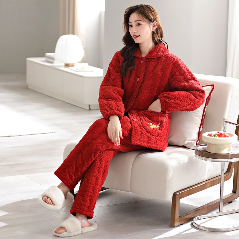 芬腾可安女睡衣冬季加绒加厚冬款保暖三层夹棉棉袄可外穿家居服秋