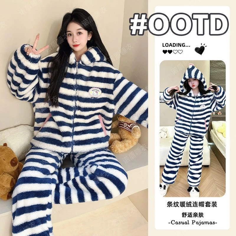 睡衣女2025冬季卡通条纹连帽套装加绒加厚珊瑚绒宽松家居服外穿